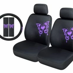 AutoTrends Comfort Fit Purple Butterfly Seat Cover Set, Black, 5-pc