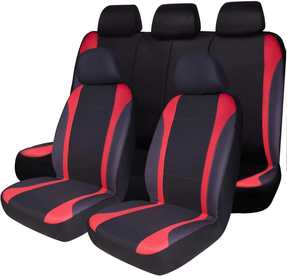 AutoTrends Carbon Fibre Seat Cover Set For Back Bench Seat, Black & Red, 3-pk 4 AutoTrends Carbon Fibre Seat Cover Set For Back Bench Seat, Black & Red, 3-pk - Image 2