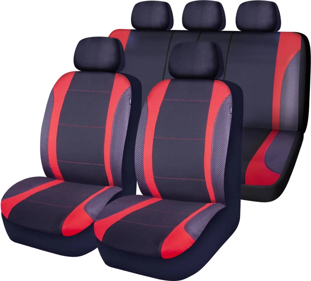AutoTrends Carbon Fibre Seat Cover Set For Back Bench Seat, Black & Red, 3-pk 6 AutoTrends Carbon Fibre Seat Cover Set For Back Bench Seat, Black & Red, 3-pk - Image 4