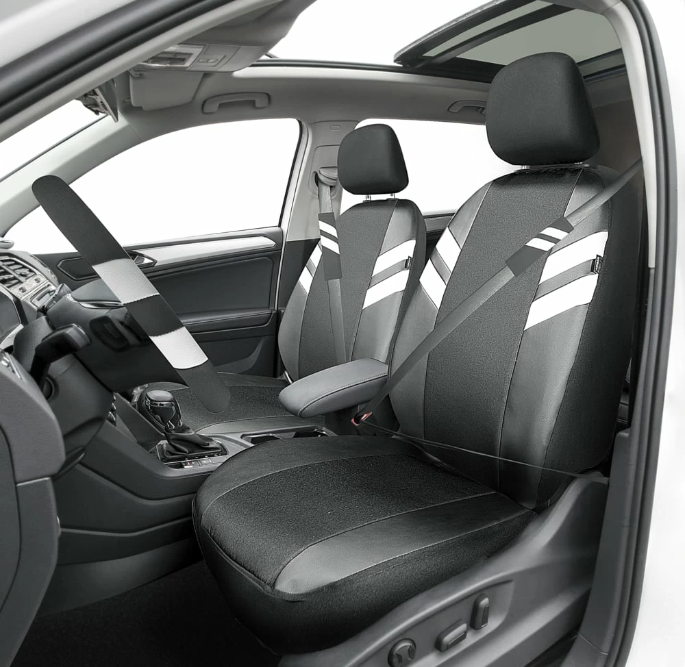 AutoTrends White Stripe Athletic Seat Cover & Steering Wheel Set 5 AutoTrends White Stripe Athletic Seat Cover & Steering Wheel Set - Image 3