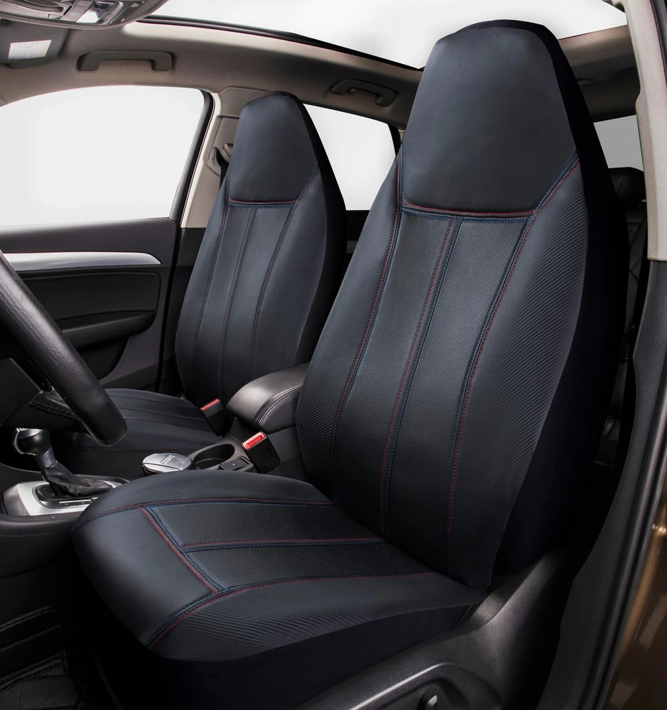 AutoTrends Carbon Fibre Faux Leather Sport Seat Cover, Black With Red & Blue Stitching, 2-pk 4 AutoTrends Carbon Fibre Faux Leather Sport Seat Cover, Black With Red & Blue Stitching, 2-pk - Image 2