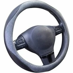 AutoTrends Shop 17 AutoTrends Faux Leather & Linen Steering Wheel Cover, Grey & Black