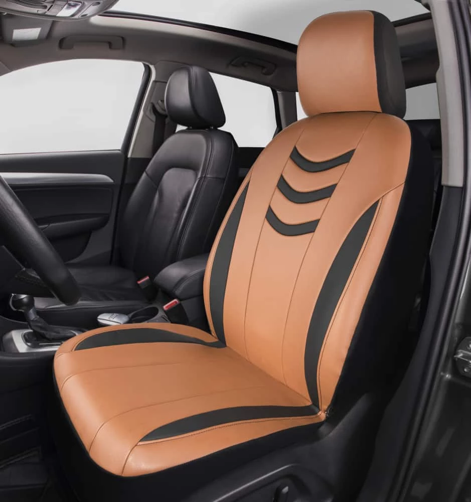 AutoTrends Luxury Sport Leatherette Faux Leather Seat Cover, Tan & Black 4 AutoTrends Luxury Sport Leatherette Faux Leather Seat Cover, Tan & Black - Image 2